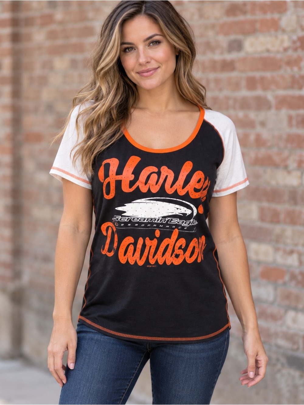Harley Davidson Screamin Eagle Shirt Womens Large Black Orange Raglan Cotton